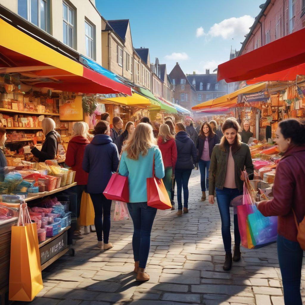A vibrant marketplace scene bustling with shoppers comparing prices at various stalls filled with colorful products, featuring sale tags and promotional signs. In the foreground, a diverse group of consumers enthusiastically discussing their savings while holding shopping bags, with a digital overlay of consumer insights and statistics floating around them. Bright and lively atmosphere capturing the excitement of sale events. super-realistic. vibrant colors. 3D.