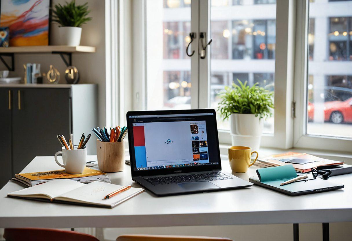 A modern workspace featuring a laptop displaying a vibrant shopping website with product highlights. Surrounding the laptop are various consumer products like electronics, fashion items, and home goods, all arranged aesthetically. Include a cup of coffee and a notepad with tips for savvy shopping. Soft natural light streaming in from a window to create a welcoming atmosphere. super-realistic. vibrant colors. clean background.